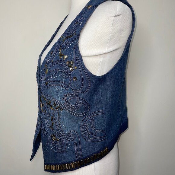 Armand Ventilo Embellished Denim Vest Studs Rivet Beads Applique Western Boho - Picture 4 of 16